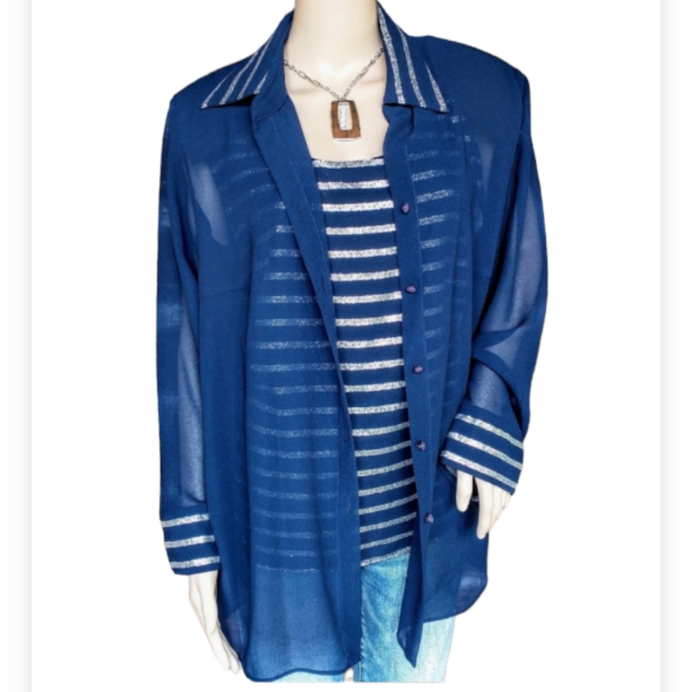 Dana Kay Blue and Silver Striped Tank Top and Sheer Matching Blouse Sz 16W